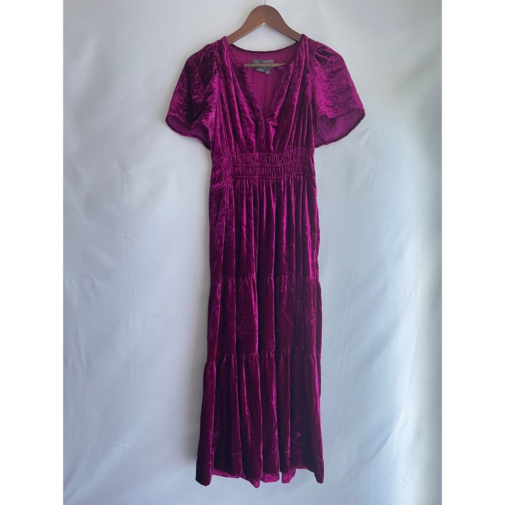 Anthropologie Somerset Maxi Dress Velvet Edition Magenta Pink XSP Smocked Tiered